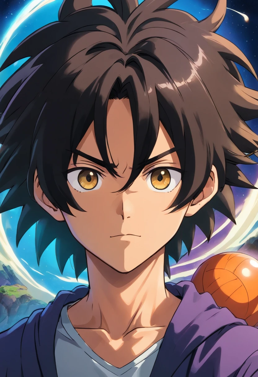 homem adolescente de pele escura, negro, Handsome, cabelo dreadlock preto grosso, olhos castanhos, delgado, forte, estilo arte dragon ball