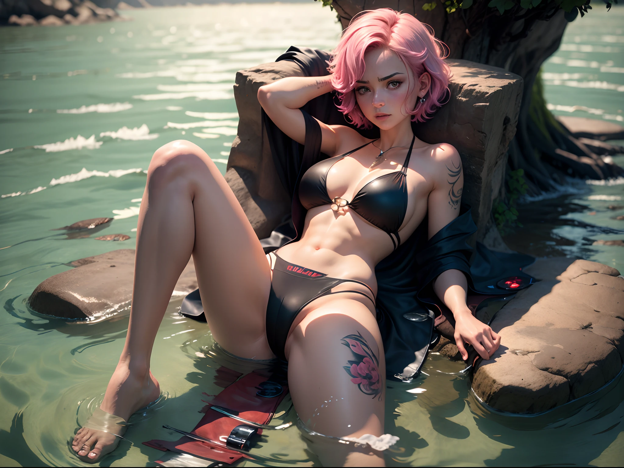 on water,A defeated woman,pink short hair,Pink pupils,Black bikini,Translucent mage robes,spread their legs,The whole body is covered with tattoos