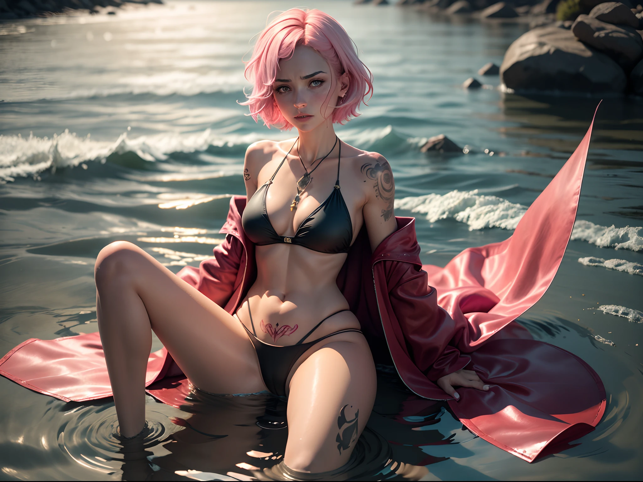 on water，A defeated woman，pink short hair，Pink pupils，Black bikini，Translucent mage robes，spread their legs，The whole body is covered with tattoos