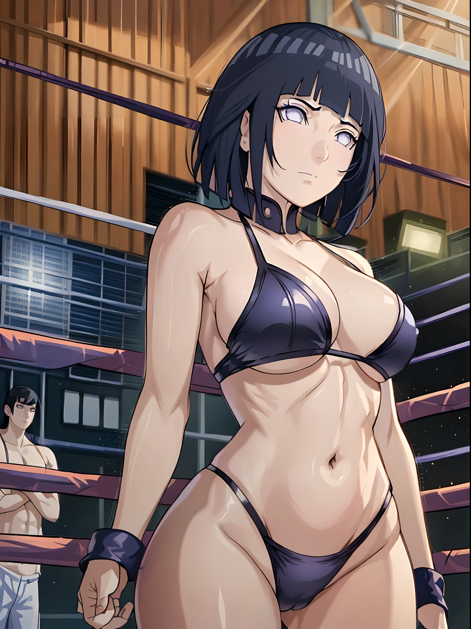(ultra detailed body, ultra detailed face), ((solo)), anime style, hires ((pro wrestling arena, pro wrestling match, crowd watching)), (hinata\(boruto\), (female wrestler), (slender body, broad shouders), mature woman, milf, (black bikini, ultra detailed pro wrestling gear), victorious, gorgeous, winner, confident face, closed mouth, (pale skin, shiny skin, lighting and shadow), (dark blue hair color:1.1), wavy hair, ((short hair, hime cut, floating hair), big breasts, (fighting stance), (long belly), (closed fists), seductive, (perfect eyes, white sciera, bright eyes, white eyes, anime eyes, looking at the viewer)
