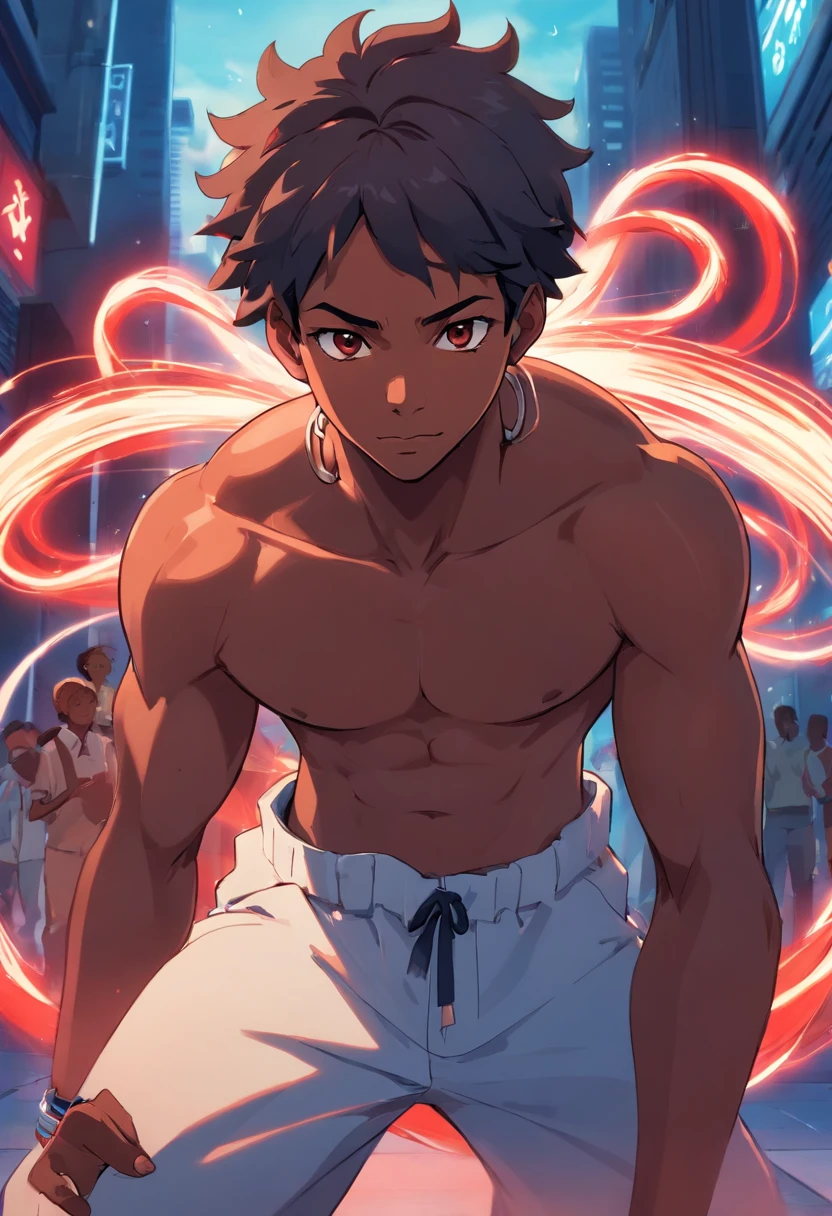 1male, dark skin, black hair, messy hair, rabbit ears, lean build, tank top, tied to waist, bracelets, grey sweatpants, Japanese school, serious expression