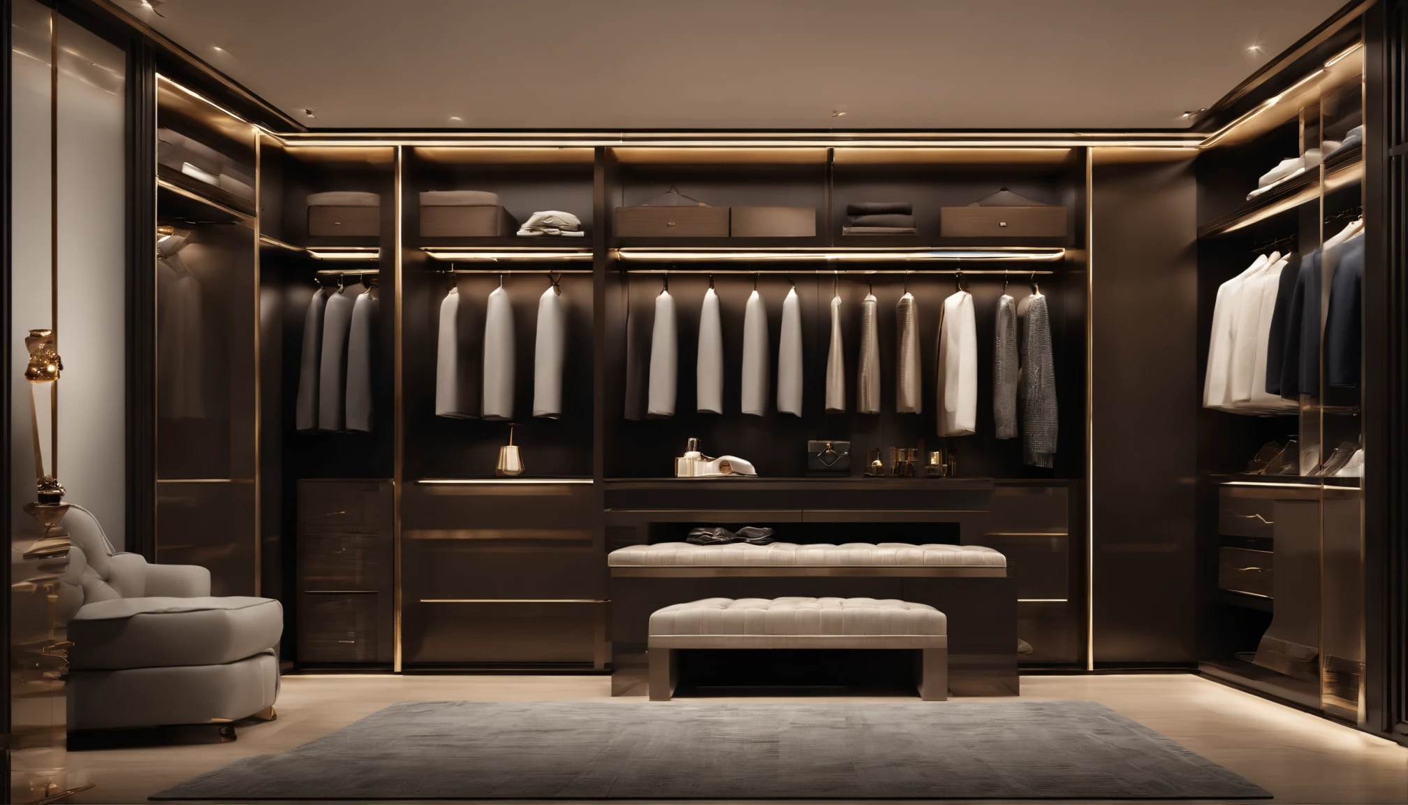 Walk-in closet view,With bench and mirror,The color of the wardrobe door panel is dark brown elegant wardrobe, elegant futuristic wardrobe, luxury item showcase, luxurious environment, luxury hd render, gold and luxury materials, luxury fashion, Luxury materials, elegant and refined, Neat and tidy, luxury brand, Modern style, Luxurious, LuxuryLifestyle, inspo, true realistic image, neo - classical, neo-classical