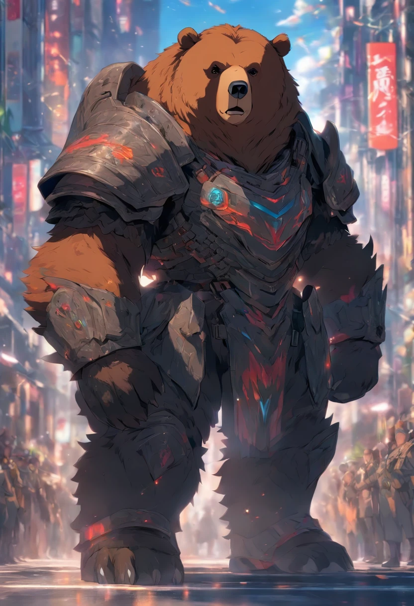 Bear wears combat armor, standing, on the road, stunning style