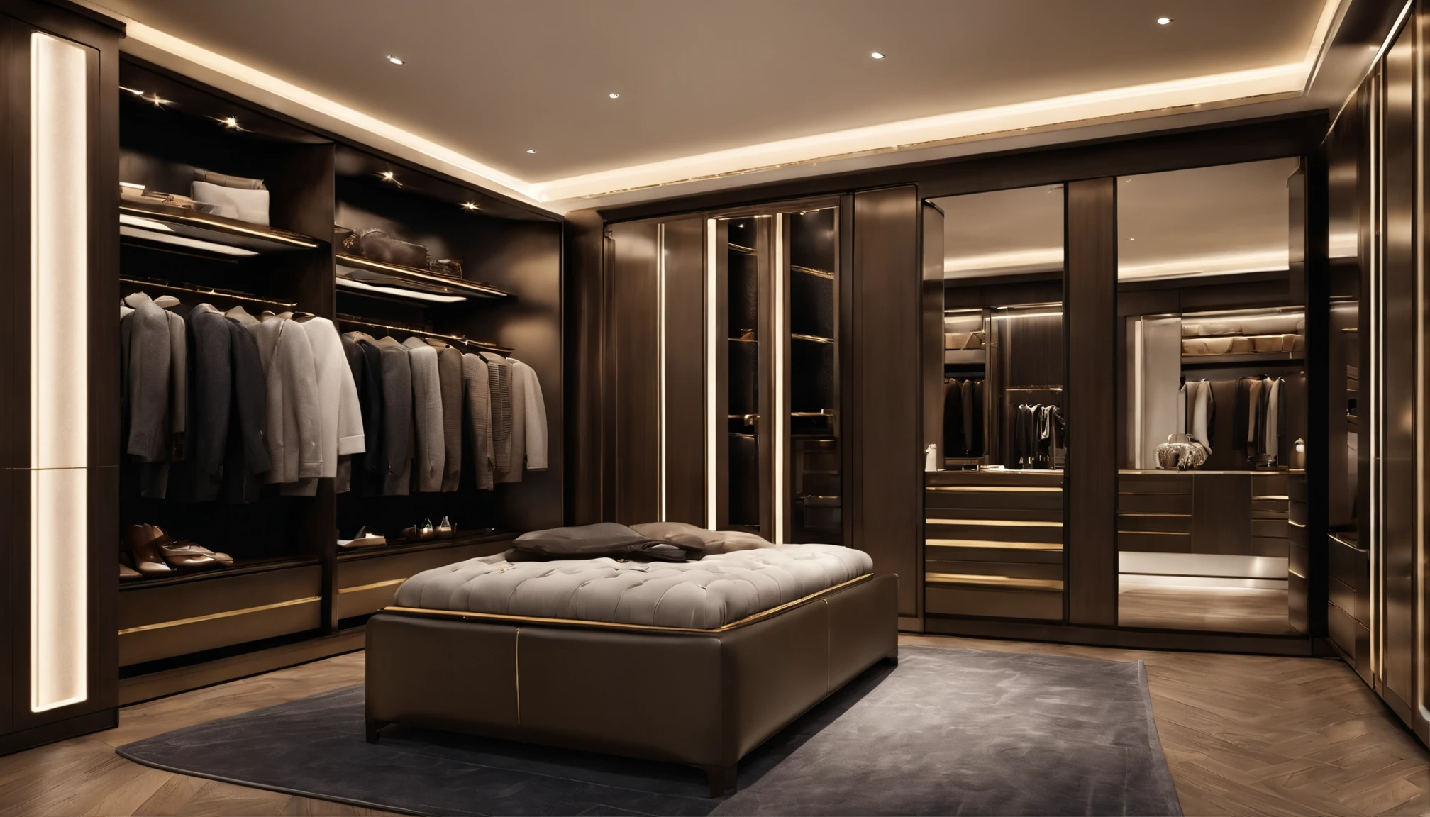 Walk-in closet view,With bench and mirror,The color of the wardrobe door panel is dark brown elegant wardrobe, elegant futuristic wardrobe, luxury item showcase, luxurious environment, luxury hd render, gold and luxury materials, luxury fashion, Luxury materials, elegant and refined, Neat and tidy, luxury brand, Modern style, Luxurious, LuxuryLifestyle, inspo, true realistic image, neo - classical, neo-classical