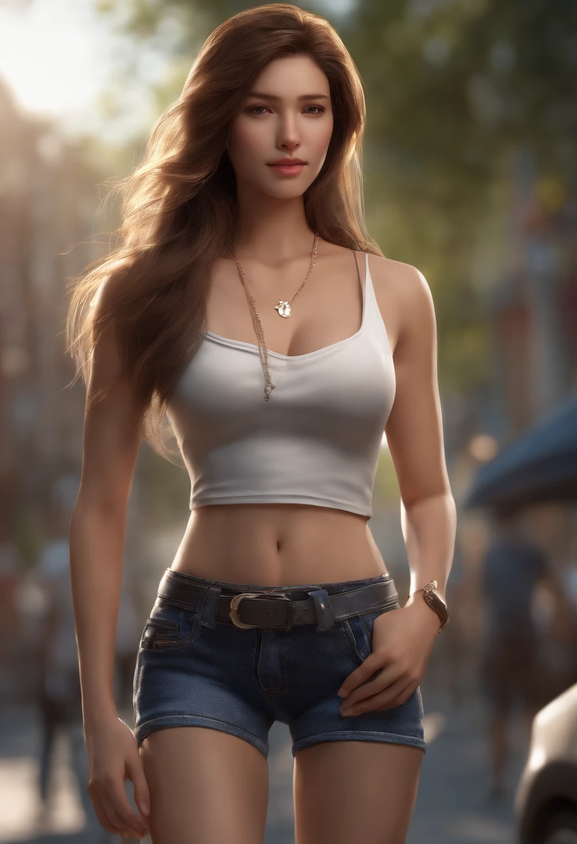 ((medium breast, tomboy girl, small head)), daylight, sunlight, (chiseled abs : 1.1), (perfect body : 1.1), (long straight hair : 1.2), collar, chain, full body shot, crowded street, wearing tight tanktop, jeans jacket, ((shorts)), (extremely detailed CG 8k wallpaper), (an extremely delicate and beautiful), (masterpiece), (best quality:1.0), (ultra highres:1.0), beautiful lighting ,perfect lightning, realistic shadows, [high res], detailed skin, ultra-detailed