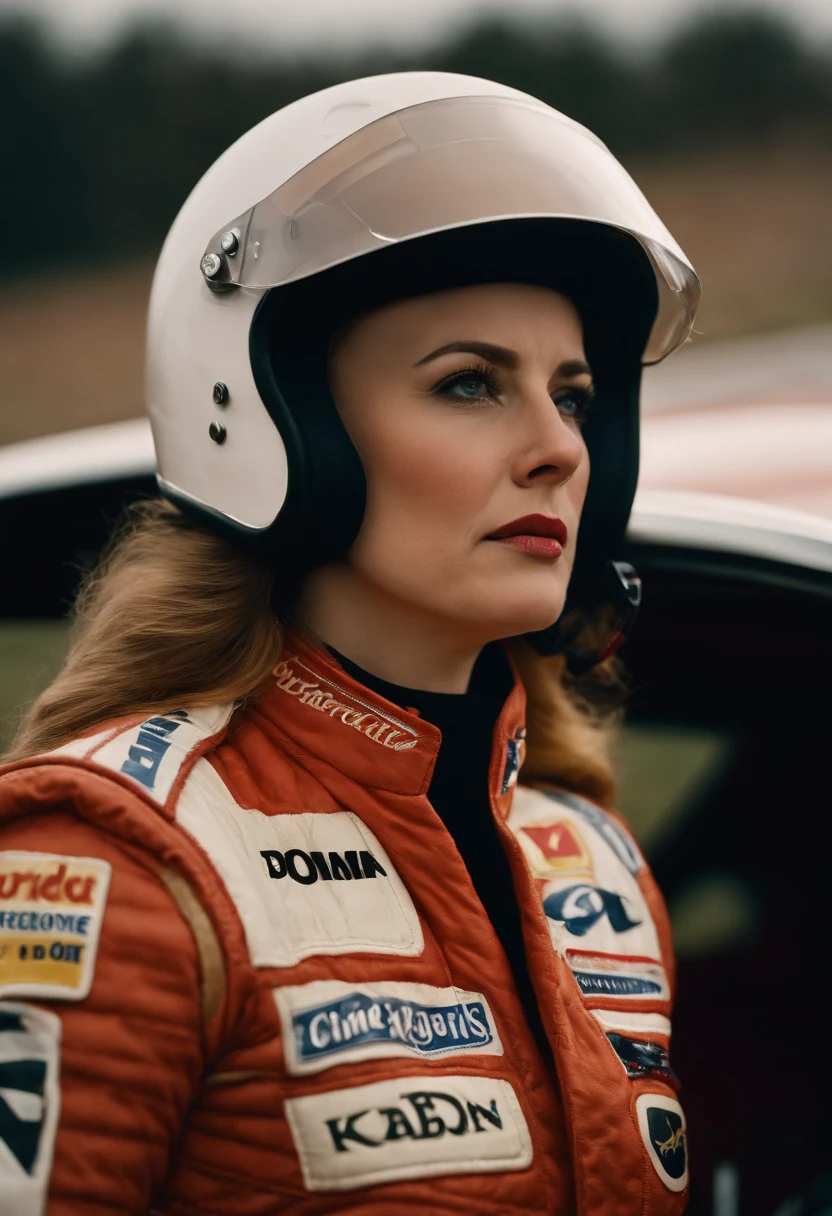photograph, Unappetizing Nutty Female Race car driver, Winter, film grain, Nikon d3300, F/5, Kodachrome, art by Edward Robert Hughes, (cinematic still:1.2)
