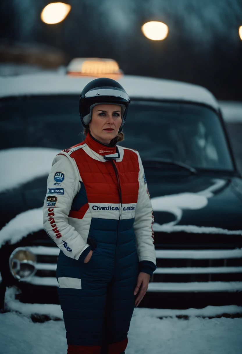 photograph, Unappetizing Nutty Female Race car driver, Winter, film grain, Nikon d3300, F/5, Kodachrome, art by Edward Robert Hughes, (cinematic still:1.2)
