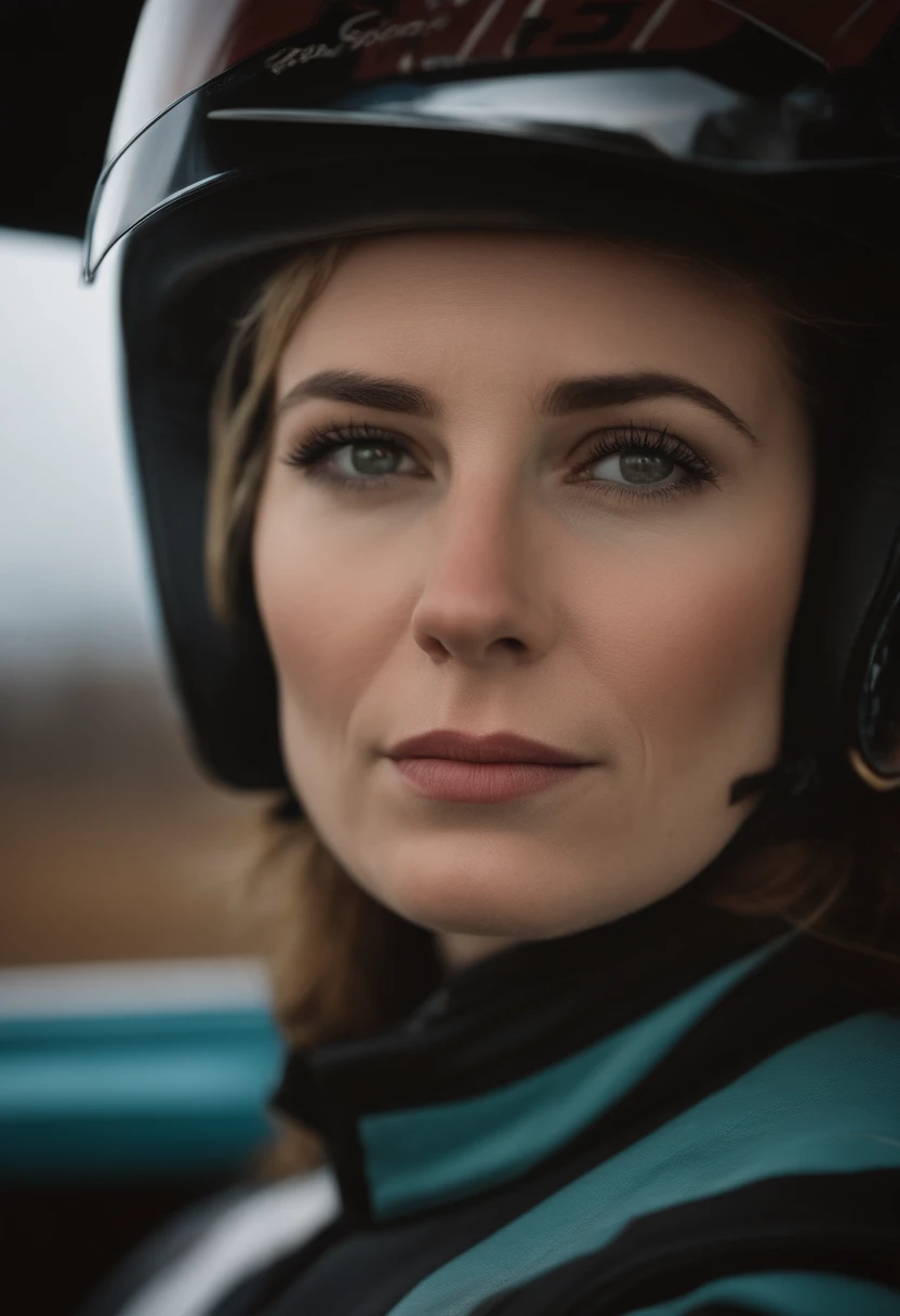 photograph, Unappetizing Nutty Female Race car driver, Winter, film grain, Nikon d3300, F/5, Kodachrome, art by Edward Robert Hughes, (cinematic still:1.2)