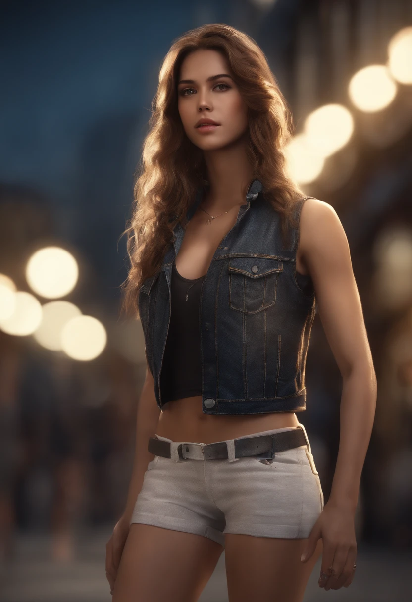 ((middle chest, Long hair, small head)), day light, Sunlight, (Clearly defined abs: 1.1), (the perfect body: 1.1), (short wavy hair: 1.2), russet hair, collar, circuits, full-length photo, A shabby street, in a black T-shirt, denim jacket, ((Shorts)), (extremely detailed CG 8k wallpaper), (extremely delicate and beautiful), (Masterpiece), (Best Quality: 1.0), (ultra resolution: 1.0), Beautiful lighting, perfect lightning, realistic shadows, [High Resolution], Detailed Skins, Ultra Detailed