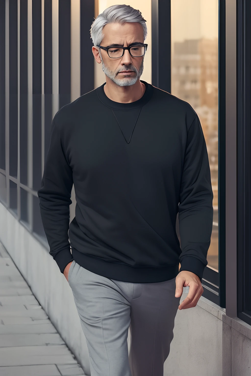 Realistic image of a man with short, gray hair, with glasses on, in a black sweatshirt, Eyes closed, Walking, mouth ajar, having nothing in hand, in the night office, Night buildings in the landscape through the window