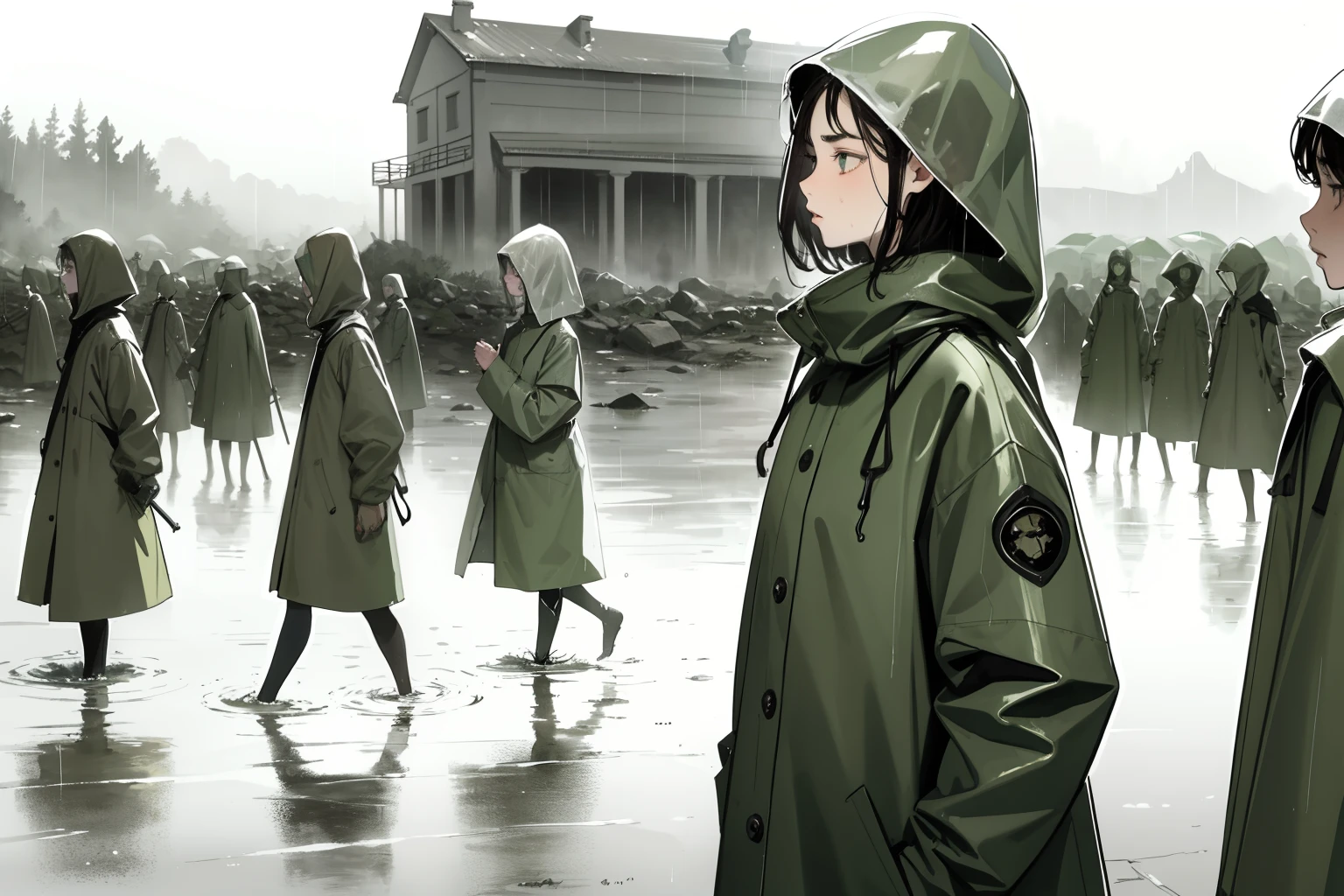 masterpiece, best quality, multiple girls, (closeup), 18yo , slim, small breast, anxious, stare at sky, stand in water, open raincoat, (naked breast, nipple), white panties, green raincoat, goggles on head), orange stormy clouds, evening, (flood:1.2), street under water, city ruins, watercolor