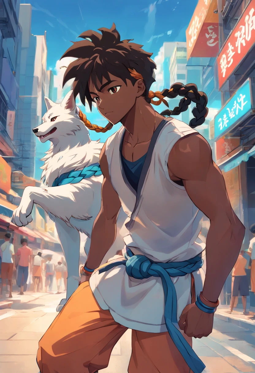 Black man with braid, nago braid, social style of Capoeira with wolf characteristics, estilo da arte dragon ball
