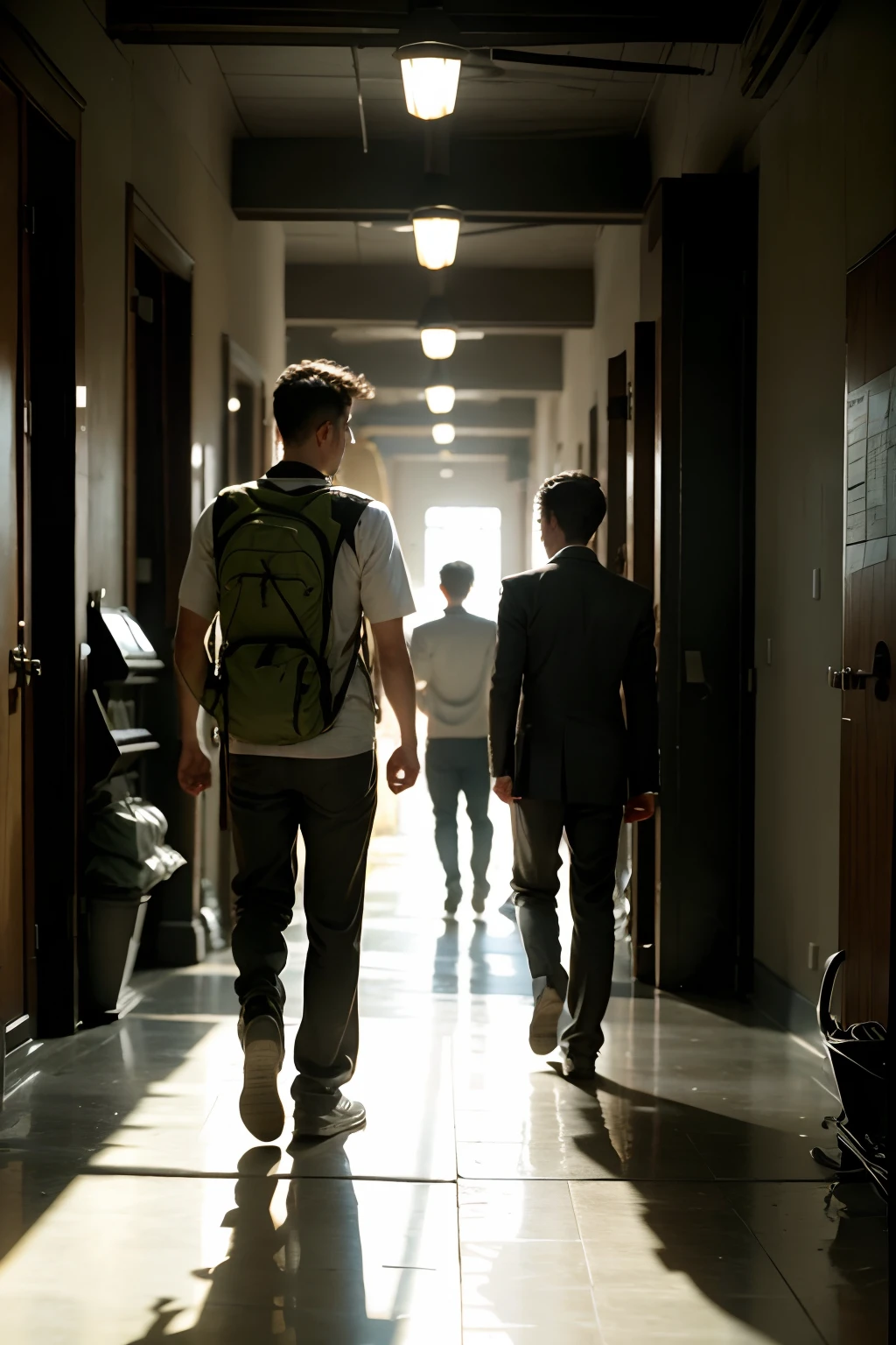 two boys are walking in collage room