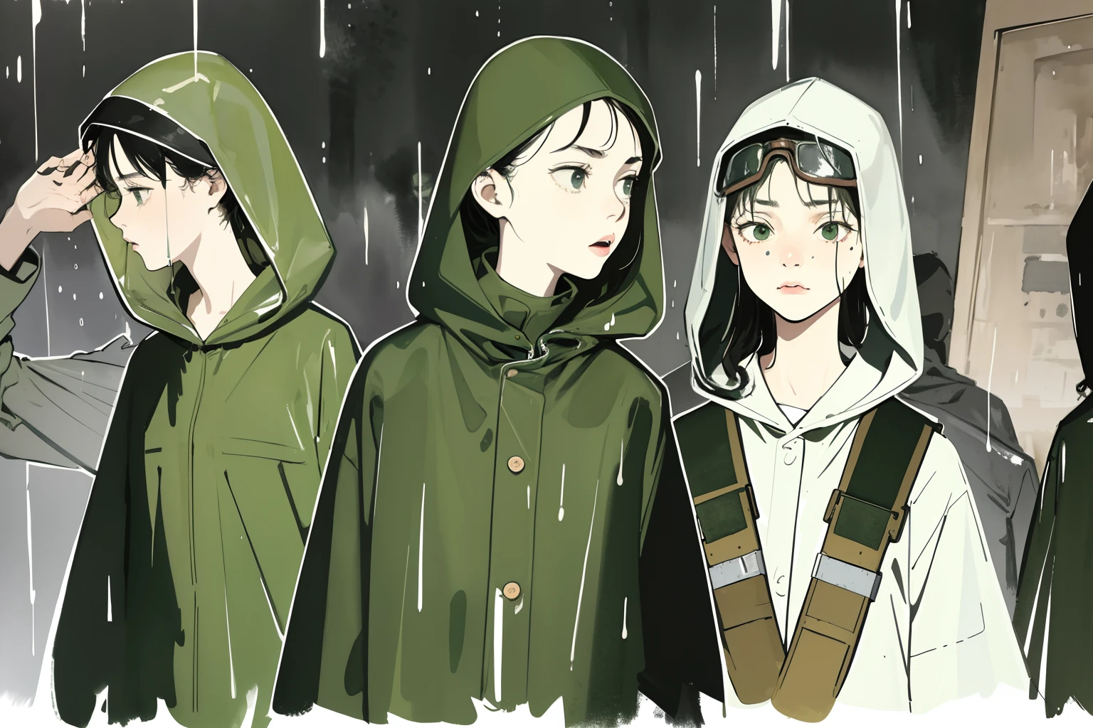 masterpiece, best quality, a group of girls, procession, (closeup face), 18yo teen, slim, small breast, side view, walk, scared, tired, dirty face, green raincoat, goggles on head, (backpacks),  heavy rain, downpour, wasteland, ruins, grey, desolate, rain, dark, soft light, watercolor