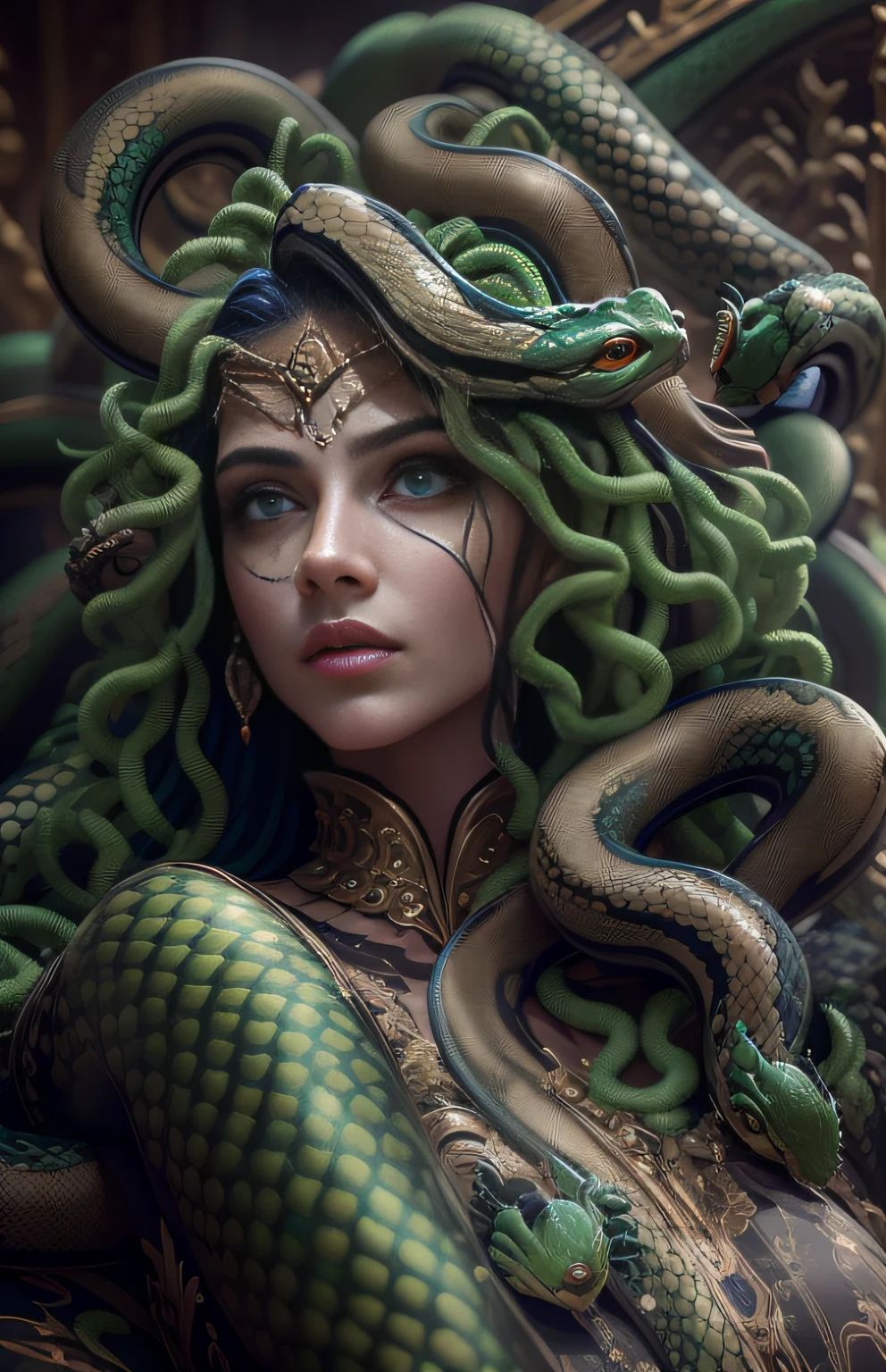 ((best quality)), ((masterpiece)), ((realistic)), Medusa, full body, the hair is composed of countless small snakes, green eyes, female face, metal carved top, royal aura, trend on artstation , sharp focus, studio photo, intricate detail, very detailed, detailed eye, illustration, very detailed, sharp focus, digital render, professional, 4k