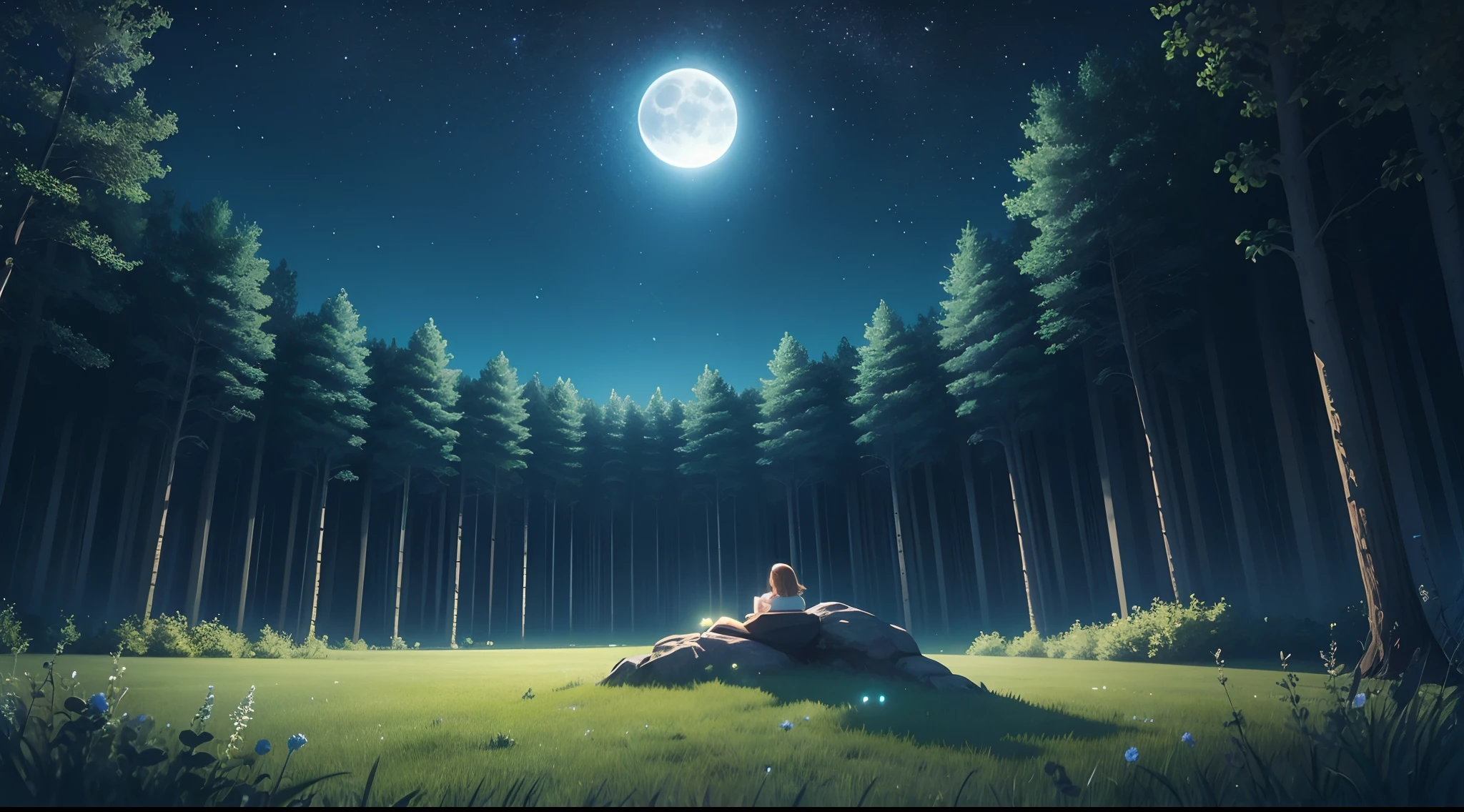 relaxing on the grass and looking at the vector illustration of blue sky landscape at night with full moon and stars in the enchanted forest.