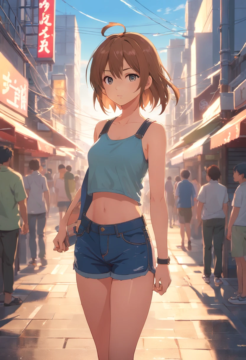 ((medium breast, tomboy girl, small head)), daylight, sunlight, (chiseled abs : 1.1), (perfect body : 1.1), (long straight hair : 1.2), collar, chain, full body shot, crowded street, wearing tight tanktop, jeans jacket, ((shorts)), (extremely detailed CG 8k wallpaper), (an extremely delicate and beautiful), (masterpiece), (best quality:1.0), (ultra highres:1.0), beautiful lighting ,perfect lightning, realistic shadows, [high res], detailed skin, ultra-detailed