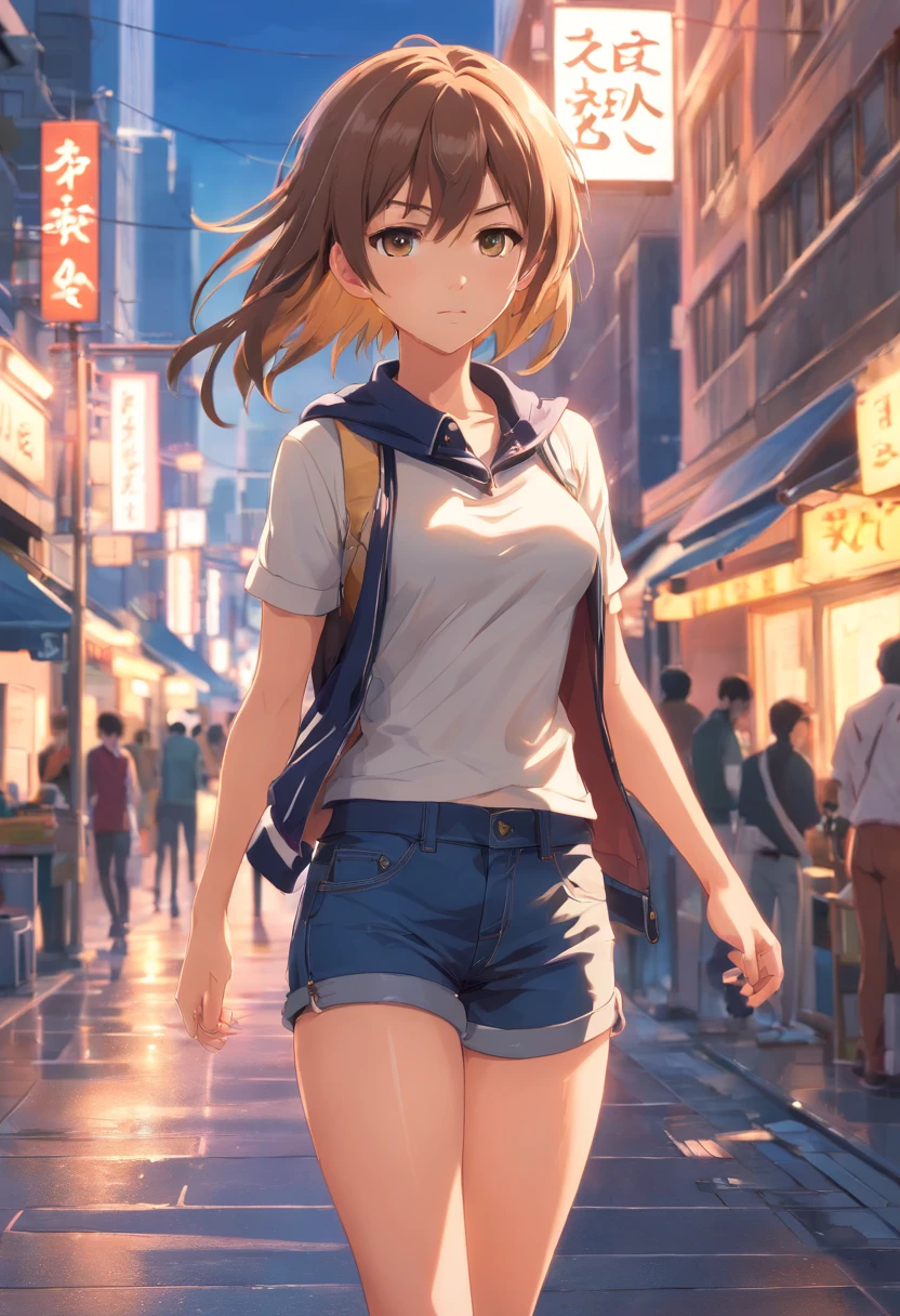 ((medium breast, tomboy girl, small head)), daylight, sunlight, (chiseled abs : 1.1), (perfect body : 1.1), (long straight hair : 1.2), collar, chain, full body shot, crowded street, wearing tight tanktop, jeans jacket, ((shorts)), (extremely detailed CG 8k wallpaper), (an extremely delicate and beautiful), (masterpiece), (best quality:1.0), (ultra highres:1.0), beautiful lighting ,perfect lightning, realistic shadows, [high res], detailed skin, ultra-detailed