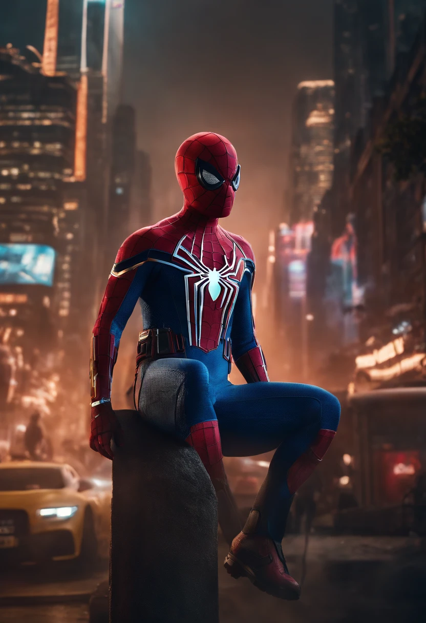 Get ready to witness the merging of the worlds of Spider-Man and Cyberpunk in one breathtaking image. Nesta obra-prima visual em 8K, You will be transported to a futuristic and dystopian environment, where the iconic Marvel hero gets a new look. O Homem-Aranha surge em uma paisagem urbana imponente, dominated by gigantic skyscrapers and holographic advertisements that shine brightly. The neon lights reflect off his cybernetic armor, creating a striking contrast between the hero's characteristic red and blue and the oppressive darkness of the environment. Seu traje, remodelado para se adequar ao estilo Cyberpunk, features metallic details and futuristic lines, combining functionality and futuristic aesthetics. The advanced fabric, adornado com circuitos luminosos, it seems to pulsate with electronic energy as Spider-Man prepares to face the challenges of this chaotic world. The surrounding city is full of characteristic elements of the Cyberpunk style, como carros voadores, cyber implan