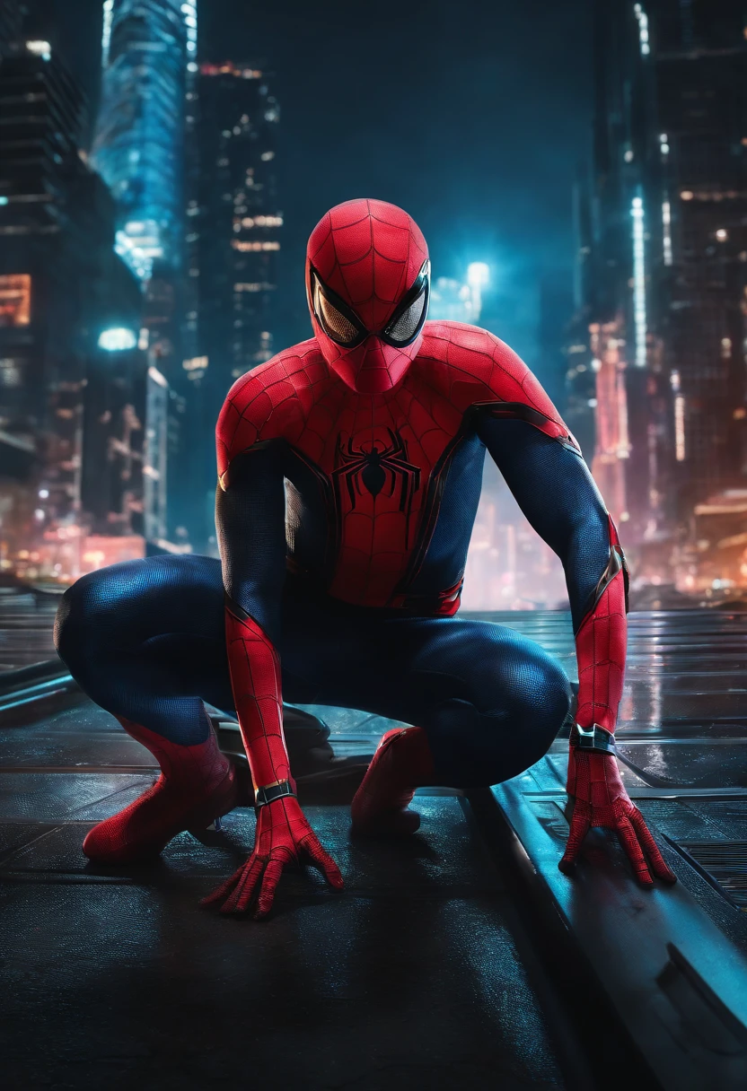 Get ready to witness the merging of the worlds of Spider-Man and Cyberpunk in one breathtaking image. Nesta obra-prima visual em 8K, You will be transported to a futuristic and dystopian environment, where the iconic Marvel hero gets a new look. O Homem-Aranha surge em uma paisagem urbana imponente, dominated by gigantic skyscrapers and holographic advertisements that shine brightly. The neon lights reflect off his cybernetic armor, creating a striking contrast between the hero's characteristic red and blue and the oppressive darkness of the environment. Seu traje, remodelado para se adequar ao estilo Cyberpunk, features metallic details and futuristic lines, combining functionality and futuristic aesthetics. The advanced fabric, adornado com circuitos luminosos, it seems to pulsate with electronic energy as Spider-Man prepares to face the challenges of this chaotic world. The surrounding city is full of characteristic elements of the Cyberpunk style, como carros voadores, cyber implan
