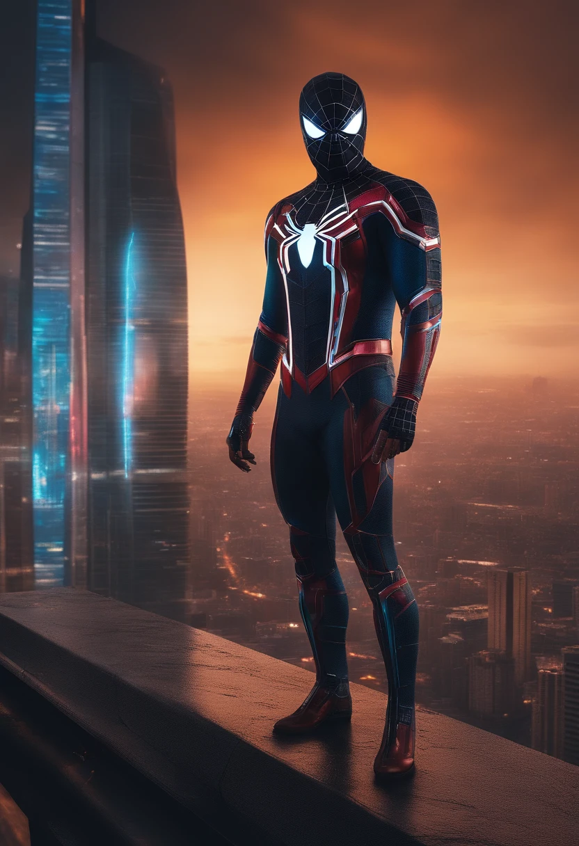 Get ready to witness the merging of the worlds of Spider-Man and Cyberpunk in one breathtaking image. Nesta obra-prima visual em 8K, You will be transported to a futuristic and dystopian environment, where the iconic Marvel hero gets a new look. O Homem-Aranha surge em uma paisagem urbana imponente, dominated by gigantic skyscrapers and holographic advertisements that shine brightly. The neon lights reflect off his cybernetic armor, creating a striking contrast between the hero's characteristic red and blue and the oppressive darkness of the environment. Seu traje, remodelado para se adequar ao estilo Cyberpunk, features metallic details and futuristic lines, combining functionality and futuristic aesthetics. The advanced fabric, adornado com circuitos luminosos, it seems to pulsate with electronic energy as Spider-Man prepares to face the challenges of this chaotic world. The surrounding city is full of characteristic elements of the Cyberpunk style, como carros voadores, cyber implan