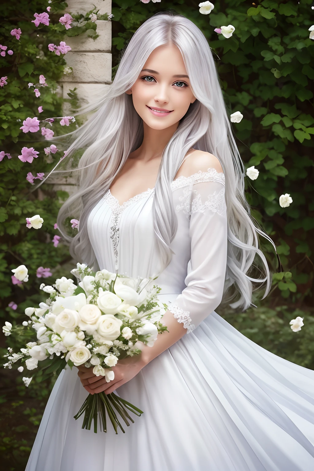 Masterpiece, Superb Piece, jour, En plein air, Falling flowers, whitedress, 1 girl, The Ideal Woman, Silvery-white long-haired woman, grey-blue eyes, pale pink lips, Cold, Serious, bang, violet eyes, White clothes, Black clothing lines, gentle face, Exquisite face, Standing Bow, Tassels, The knot of happiness, Smile