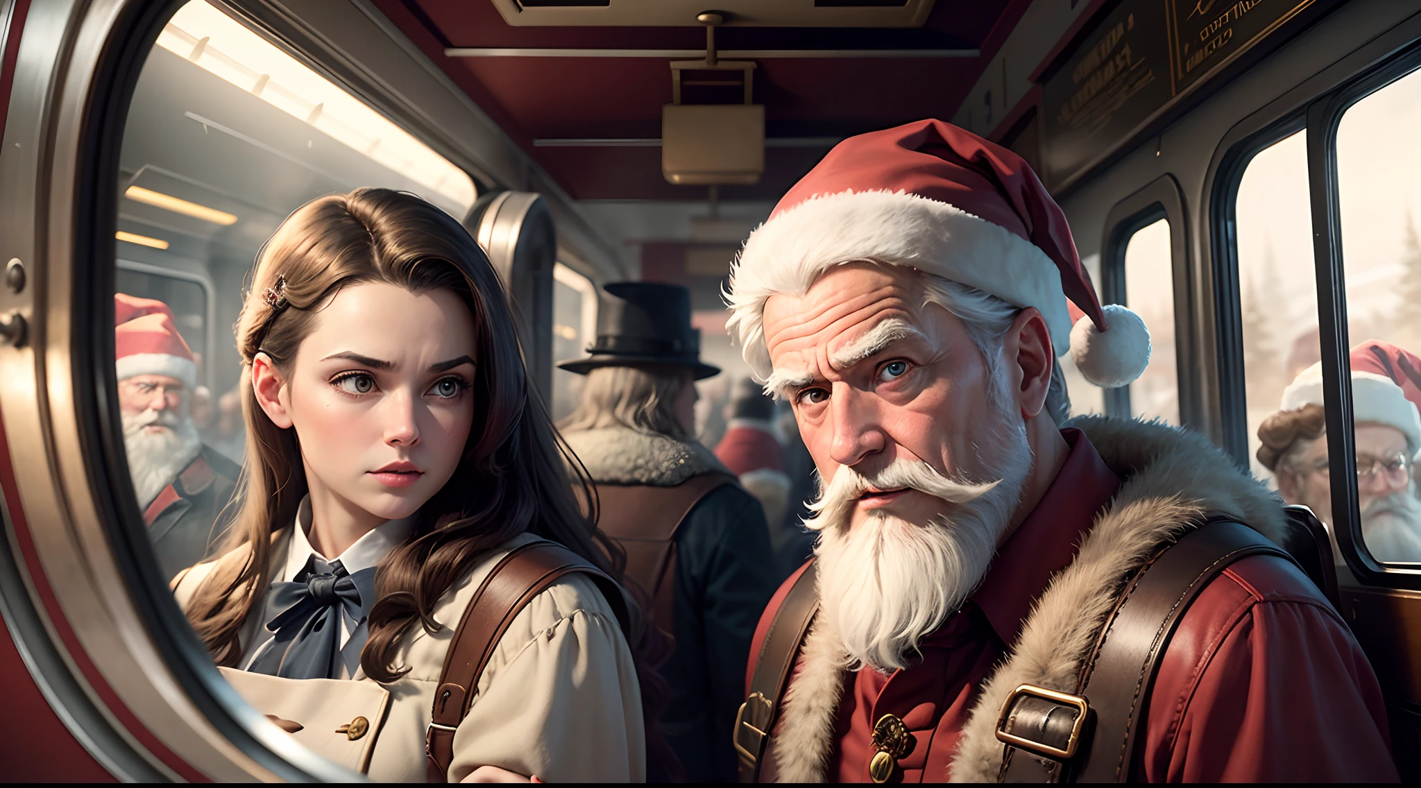 "Create an image of Santa's time-traveling train careening off the tracks and into a chaotic time rift, causing a temporal collision of eras. Show historical figures and objects colliding amidst the time-traveling chaos.