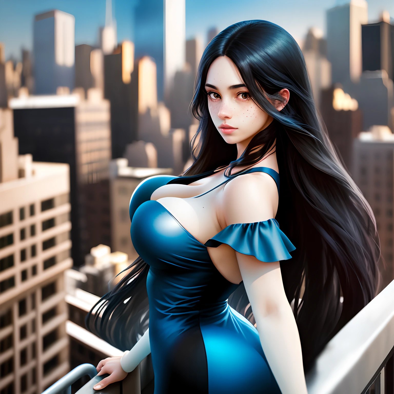 long black hair, freckles, brown eyes, big breast, naked, new York city, rooftop, 8k