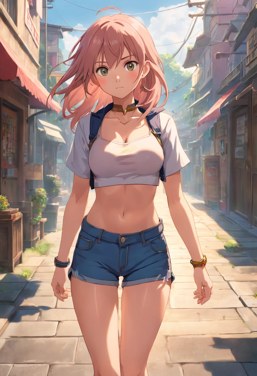 ((medium breast, tomboy girl, small head)), daylight, sunlight, (chiseled abs : 1.1), (perfect body : 1.1), (long straight hair : 1.2), collar, chain, full body shot, crowded street, wearing tight tanktop, jeans jacket, ((shorts)), (extremely detailed CG 8k wallpaper), (an extremely delicate and beautiful), (masterpiece), (best quality:1.0), (ultra highres:1.0), beautiful lighting ,perfect lightning, realistic shadows, [high res], detailed skin, ultra-detailed