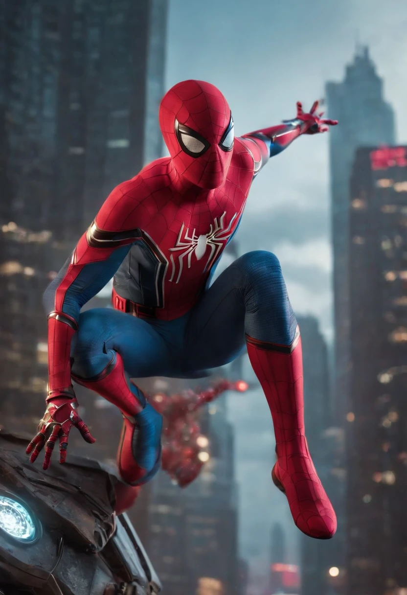 spider - man poses for a photo in a city setting, peter parker, highly detailed spider - man, peter parker as spiderman, portrait of spiderman, portrait shot, futuristic style spiderman, spider-man, spider - man, hero pose colorful city lighting, 8k render”, trending on artstation 4k, 3 d render character art 8 k, spiderman, cg art