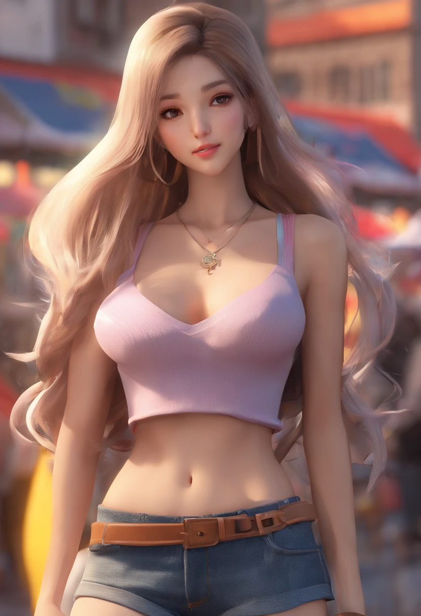 ((medium breast, tomboy girl, small head)), daylight, sunlight, (chiseled abs : 1.1), (perfect body : 1.1), (long straight hair : 1.2), collar, chain, full body shot, crowded street, wearing tight tanktop, jeans jacket, ((shorts)), (extremely detailed CG 8k wallpaper), (an extremely delicate and beautiful), (masterpiece), (best quality:1.0), (ultra highres:1.0), beautiful lighting ,perfect lightning, realistic shadows, [high res], detailed skin, ultra-detailed