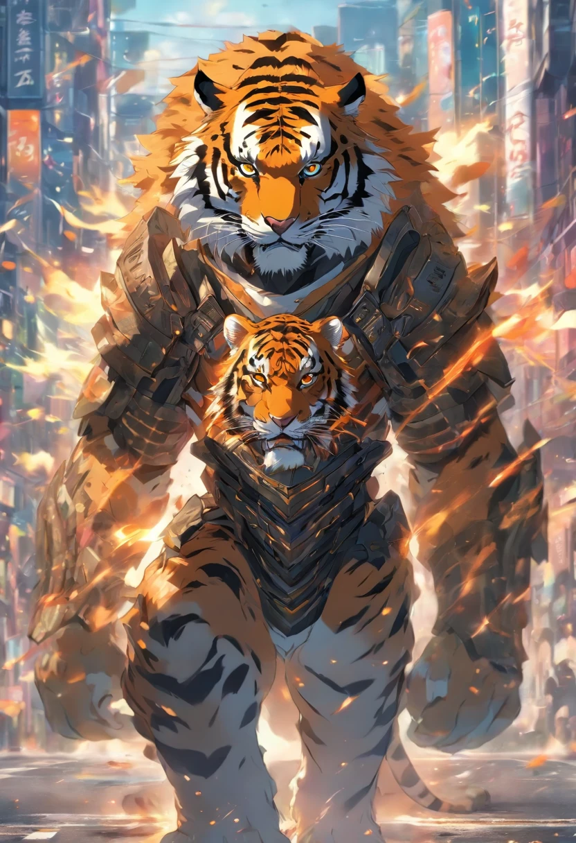 Tiger wears combat armor, standing, on the road, stunning style