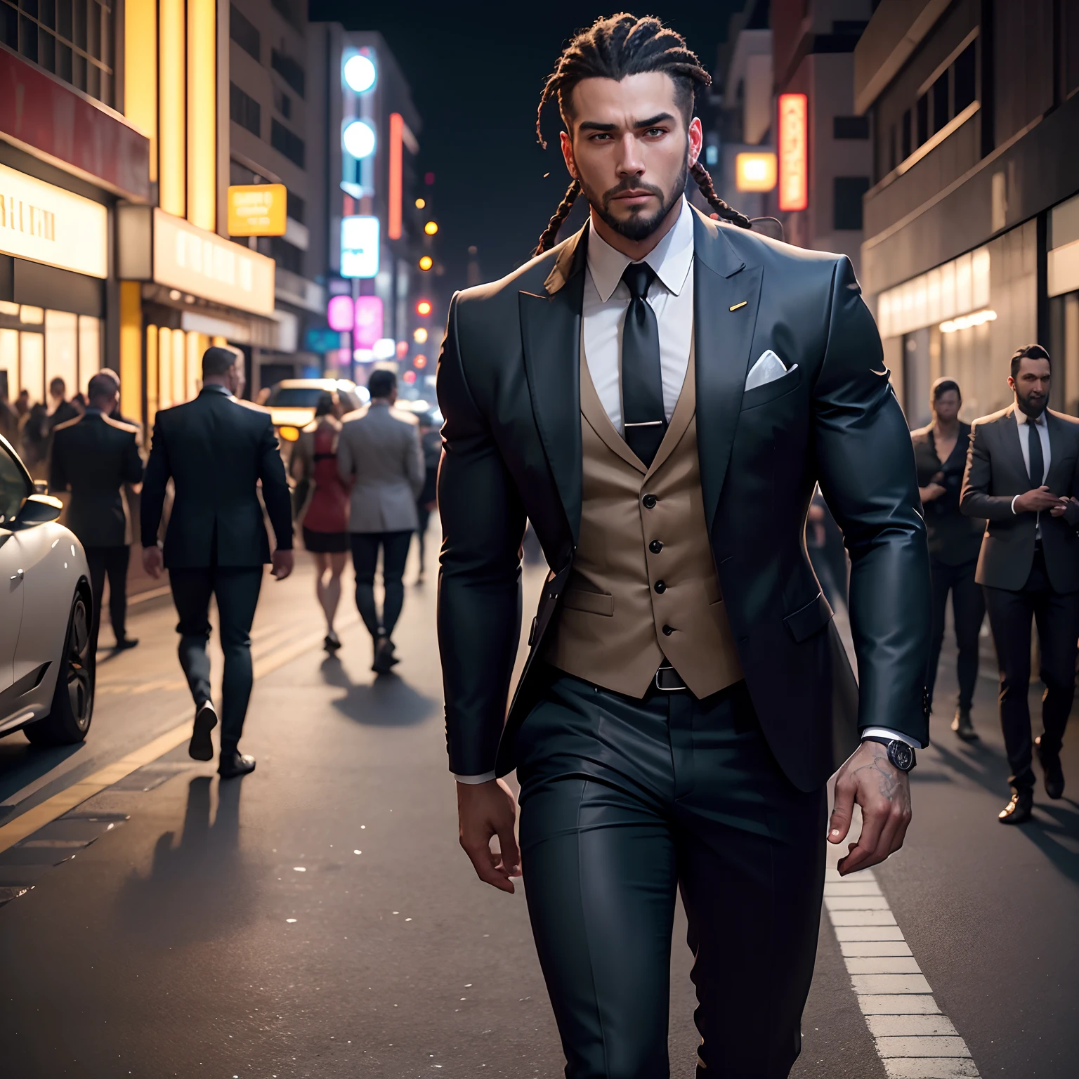 cornrow braids hairstyle, cinematic portrait photo of a very interesting a men wearing a well fitted suit, wide angle, walking in street inter Miami night street view, eyes close up, highly detailed vfx portrait, taken with a full frame camera with a wild lens,, Miki Asai Macro photography, hyper detailed, trending on artstation, sharp focus, studio photo, intricate details, highly detailed, by greg rutkowski, bulk body, fitness body, full body portrait, inter Miami night street background, background show some building some car parks in street night view, muscle body, white color young men, normal Short Beard, full body portrait , white color skin 30 Years old men, Ferrari car in background