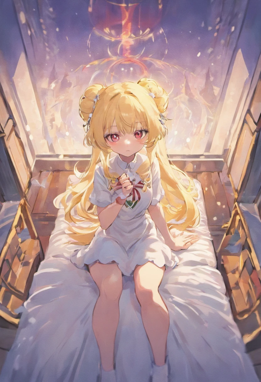 Anime girl sitting on a big soft bed,There are cat ears on the head., White Dresses!! silver-haired,Red pupil, Cute anime waifu in nice series,, White-haired god, Gray-haired girl, Perfect girl with white hair, Güvez on Pisif Art Station, whaite hair, flowing white hair