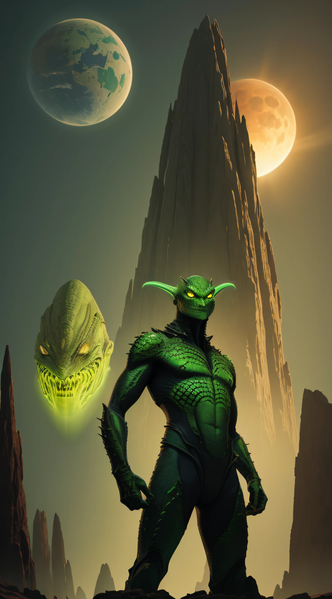 Envision Elon Musk transformed into a formidable lizard person on the barren Martian landscape. His humanoid appearance has given way to reptilian features: greenish scales that shimmer under the Martian sun, slitted yellow eyes that peer out with an otherworldly intelligence, and a mouth filled with sharp teeth. His body has adapted to the harsh Martian environment, with clawed hands and sturdy limbs. Surrounding him are other lizard people, equally imposing in their reptilian forms, standing amidst Martian technology and structures. Together, they contemplate their agenda for Earth and Mars, their eyes reflecting an unwavering determination to achieve total global domination."