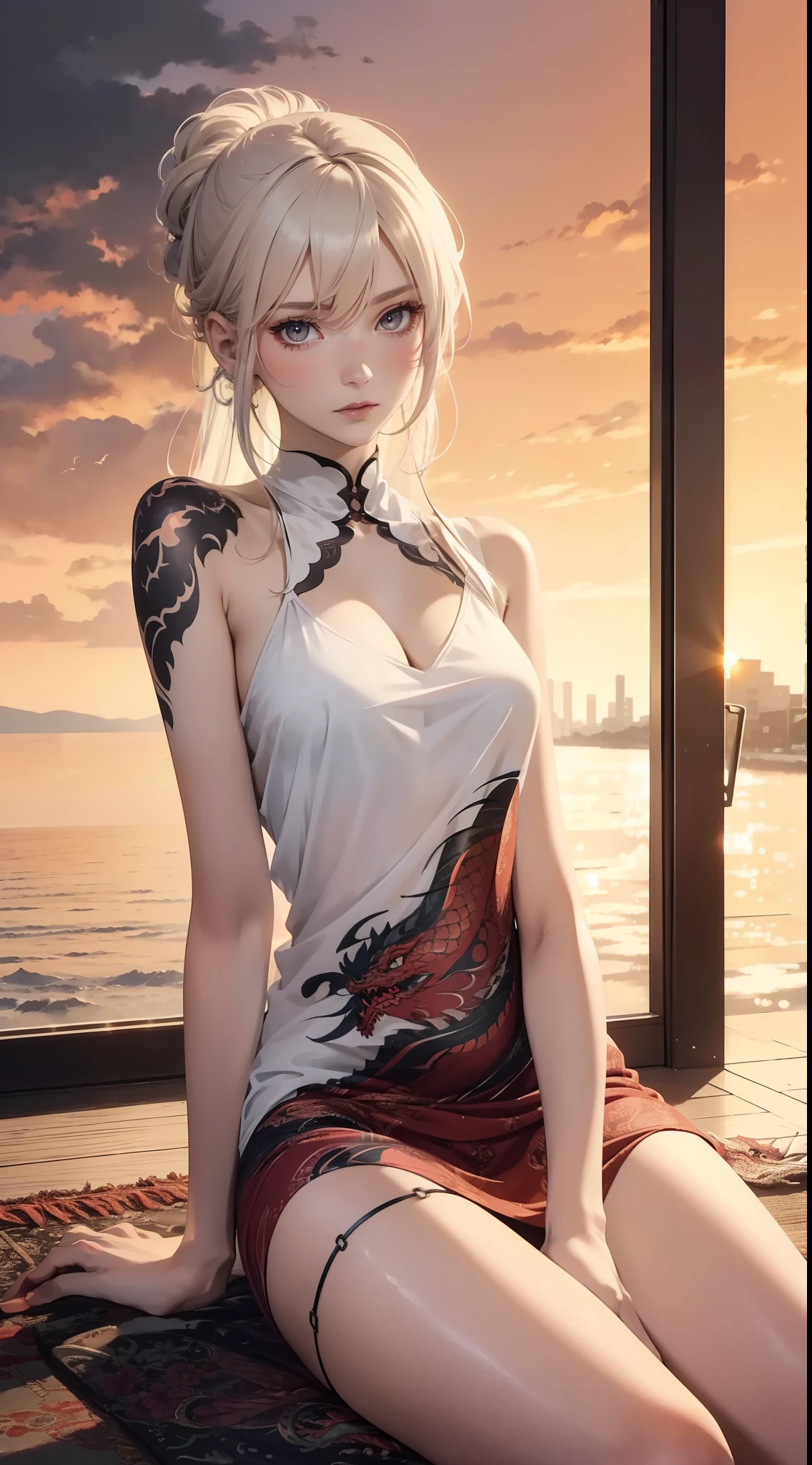 (woman masterpiece, highest quality, best quality, official art , body beautiful ,delicate and beautiful face, dreamy cold eyes),((Sunset)) ,(holding_the_Weapon's_Pictures), ((Colorful dragon tattoo)), [red lip], (long wrinkled white shirt), (((very delicate and beautiful))) (sitting), expressionless,  {( colored_hair_White:0.9_and_orange:0.8)},Warm colours