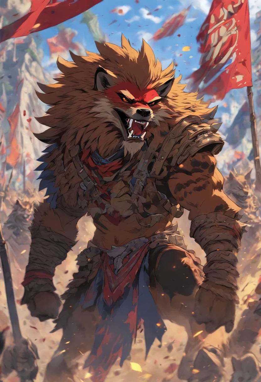 Gnoll, waving a banner in the air, colors are red yellow with a bit of blue, masterpiece, best quality