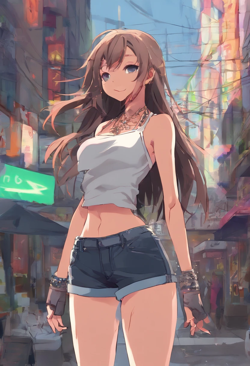((medium breast, tomboy girl, small head)), daylight, sunlight, (chiseled abs : 1.1), (perfect body : 1.1), (long straight hair : 1.2), collar, chain, full body shot, crowded street, wearing tight tanktop, jeans jacket, ((shorts)), (extremely detailed CG 8k wallpaper), (an extremely delicate and beautiful), (masterpiece), (best quality:1.0), (ultra highres:1.0), beautiful lighting ,perfect lightning, realistic shadows, [high res], detailed skin, ultra-detailed