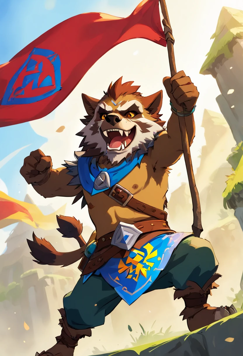Gnoll, waving a banner in the air, colors are red yellow with a bit of blue, masterpiece, best quality