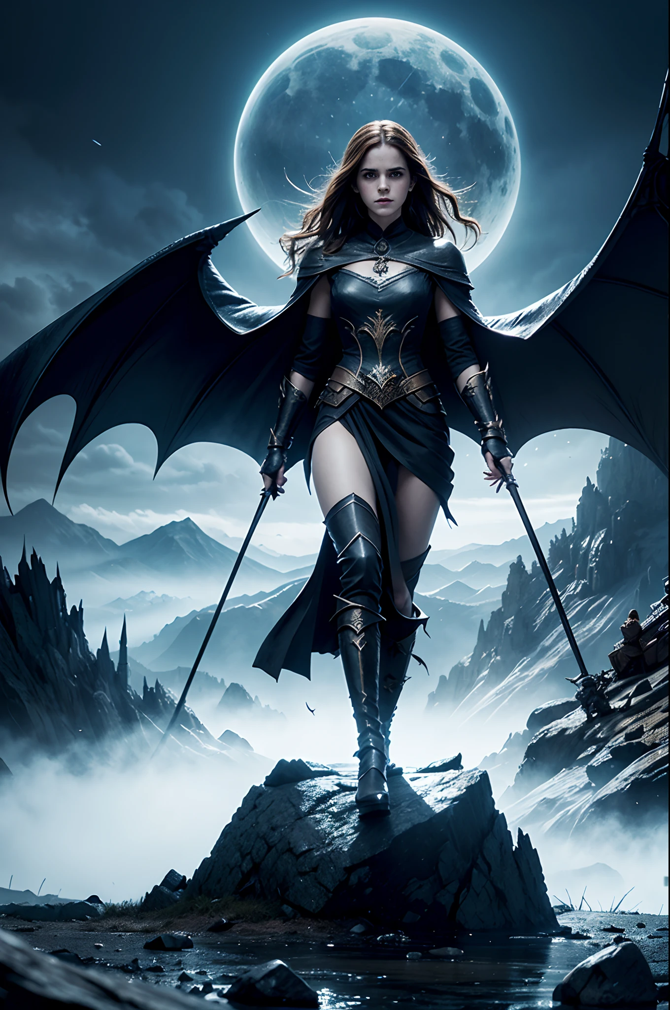 emma watson, Sauron, female, intense gaze, powerful presence, dark aura, evil queen, fantasy realm, fire and brimstone, epic battle, detailed armor, flowing robes, glowing eyes, casting spells, commanding minions, towering figure, gripping staff, mythical creatures, war-torn landscape, smoky atmosphere, dramatic lighting, epic showdown, highres, photorealistic, concept artists, vibrant colors, mystical vibes