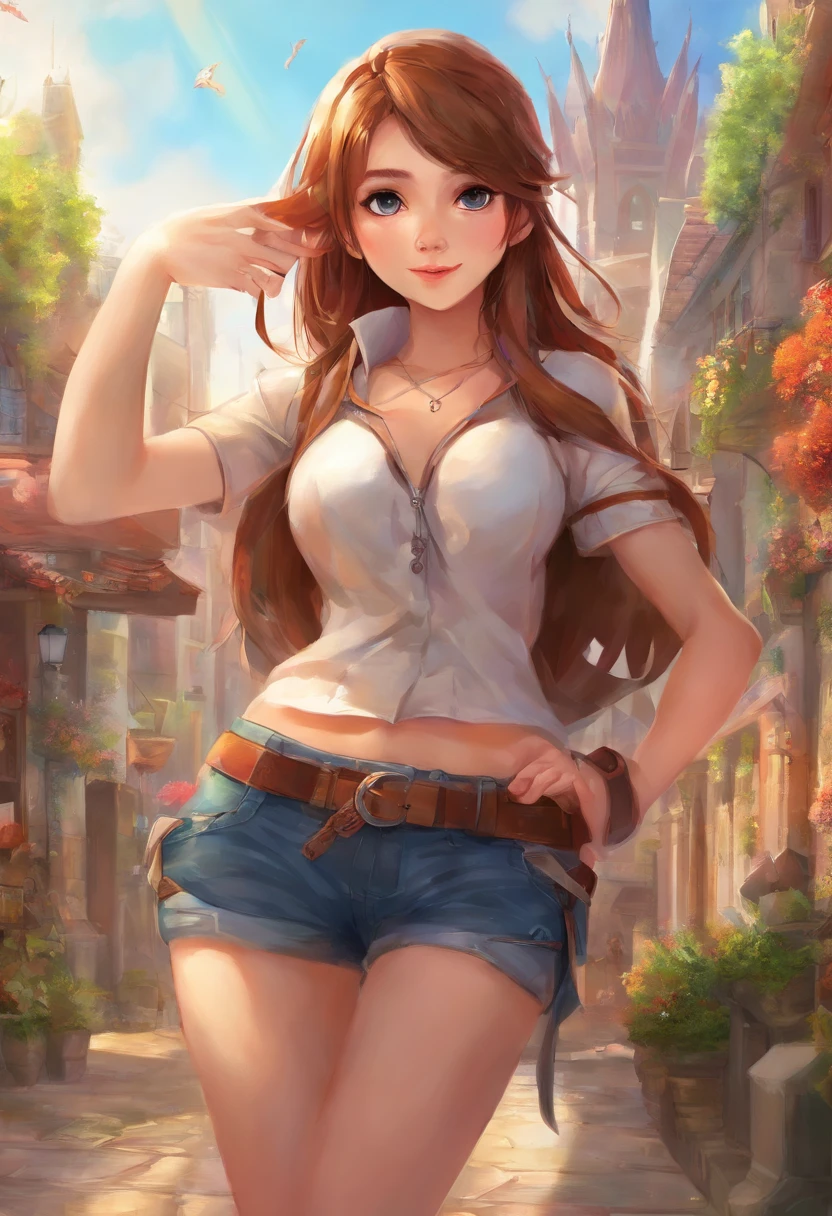 ((medium breast, tomboy girl, small head)), daylight, sunlight, (chiseled abs : 1.1), (perfect body : 1.1), (long straight hair : 1.2), collar, chain, full body shot, crowded street, wearing tight tanktop, jeans jacket, ((shorts)), (extremely detailed CG 8k wallpaper), (an extremely delicate and beautiful), (masterpiece), (best quality:1.0), (ultra highres:1.0), beautiful lighting ,perfect lightning, realistic shadows, [high res], detailed skin, ultra-detailed