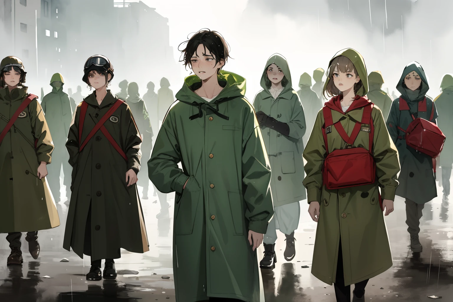 masterpiece, best quality, a group of girls, procession, (closeup face), 18yo , slim, small breast, side view, walk, scared, tired, dirty face, green raincoat, goggles on head, (backpacks), heavy rain, downpour, wasteland, ruins, grey, desolate, rain, dark, watercolor