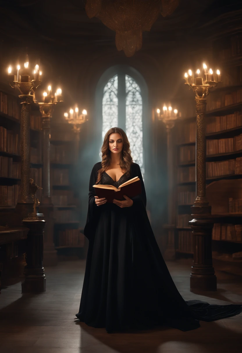 realistic, photorealistic, Masterpiece, Best quality, extremely detailed 8k CG wallpaper, Front image of a realistic Ukrainian woman magician in a black cape, Reading a book surrounded by magic floating in front of the magician, in a dark library, with a throne in the background and a light fog on the ground