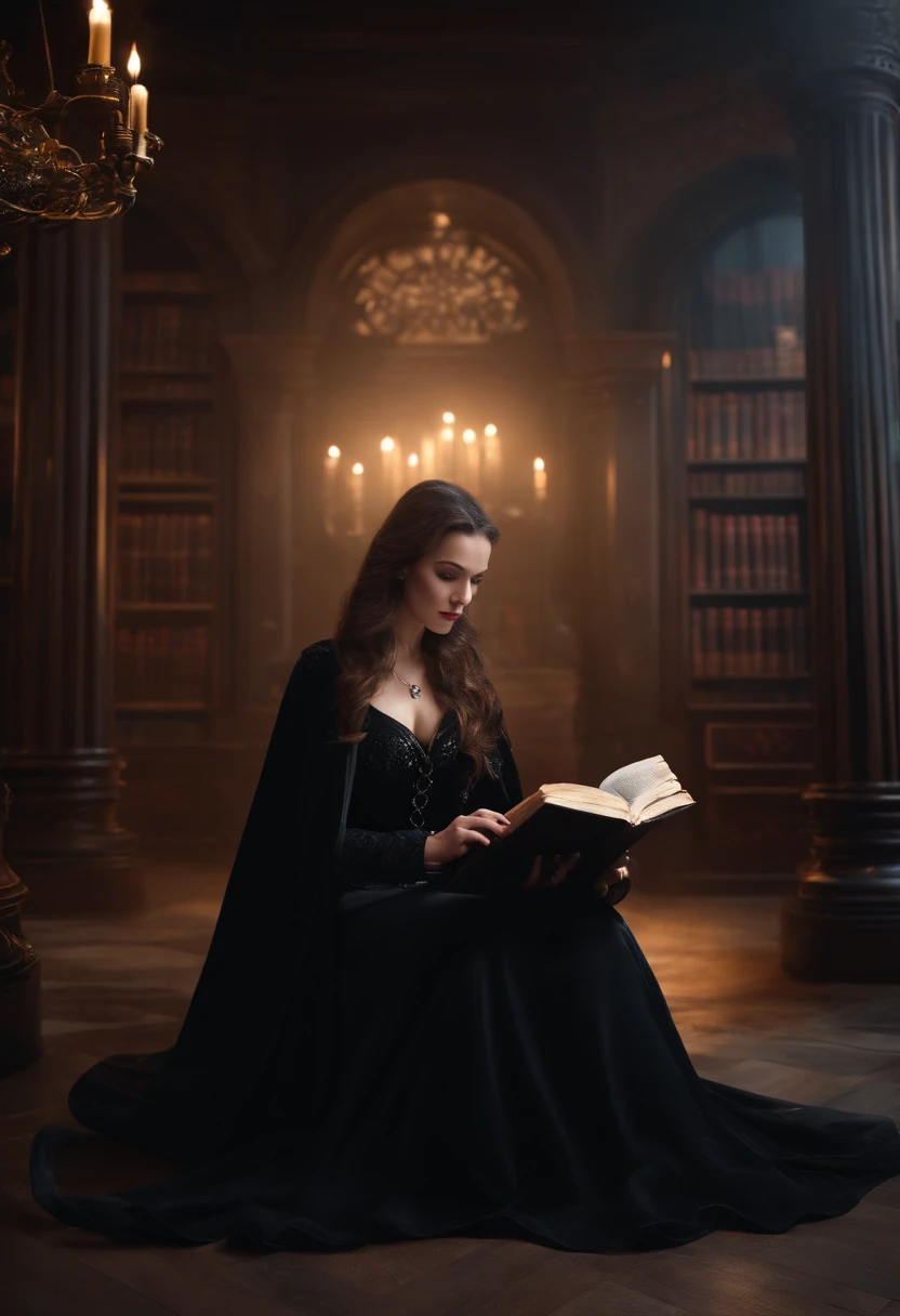 a womone)), sitting on the ground surrounded by books, flying books, books flying around, books swirling around her in a circle, candles in a circle pentagram around her, spell casting, spell book pose, black gothic dress. Angry face, high quality fantasy, flying magic books, book portrait, dramatic reading book pose, reading, sitting in the forrest, night time, moonlight