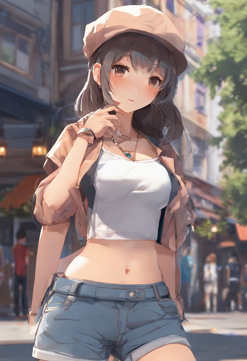 ((medium breast, tomboy girl, small head)), daylight, sunlight, (chiseled abs : 1.1), (perfect body : 1.1), (long straight hair : 1.2), collar, chain, full body shot, crowded street, wearing tight tanktop, jeans jacket, ((shorts)), (extremely detailed CG 8k wallpaper), (an extremely delicate and beautiful), (masterpiece), (best quality:1.0), (ultra highres:1.0), beautiful lighting ,perfect lightning, realistic shadows, [high res], detailed skin, ultra-detailed