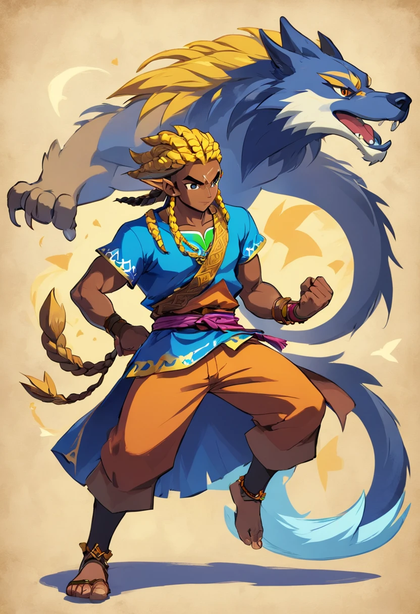 Black man with braid, nago braid, social style of Capoeira with wolf characteristics, estilo da arte dragon ball