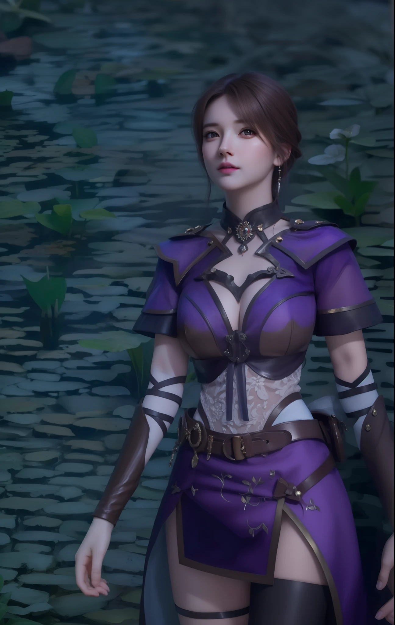(hyperrealistic), (illustration), (high resolution), (8K), (extremely detailed), (best illustration), (beautiful detailed eyes), (best quality), (ultra-detailed), (masterpiece), (wallpaper), (photorealistic), (natural light), (rim lighting), (detailed face), (high detailed realistic skin texture), (anatomically correct), (solo), (1 girl), (high detailed realistic hair), (dark purple hair:1.3), (heterochromic eyes), (detailed eyes), (light brown eyes:1.37), (sparkling eyes), (realistic big breasts:1.5), (exposed breasts:1.35), (long legs), (slender abs), (dynamic pose), (closed tiny mouth:1.3), nsfw, concentrated expression.