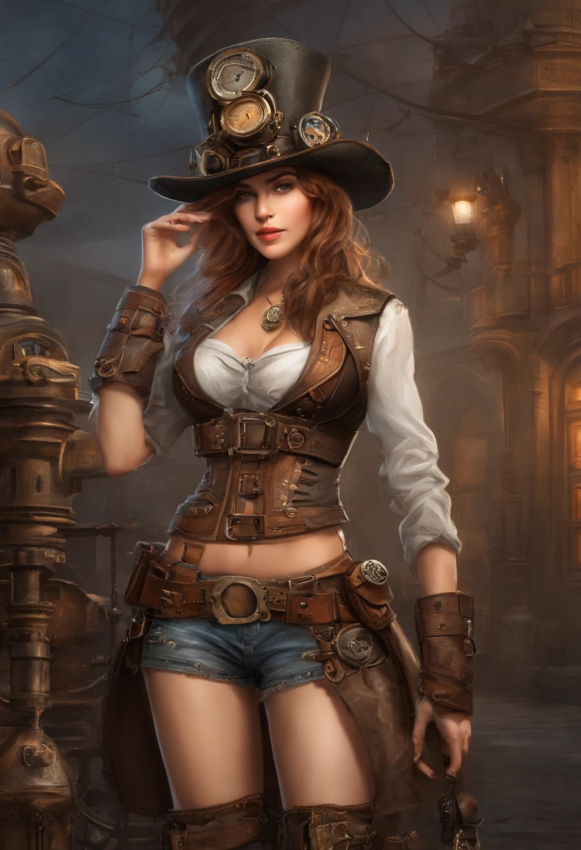 (intricate details), 27 years old, mature beauty, perfect anatomy, perfect face, makeup: 1.5, bright on face, facial detail, medium cut hair, brown hair, steampunk, blouse, leather vest, leather pants, long boots, top hat, antique goggles, um home d'tetive, conceptual art, realism, godley, film lighting, Multiview, Canon, UHD, High Detail, High Quality, HD, 16k,Centered,Full Body Portrait,Hat Top to Toe