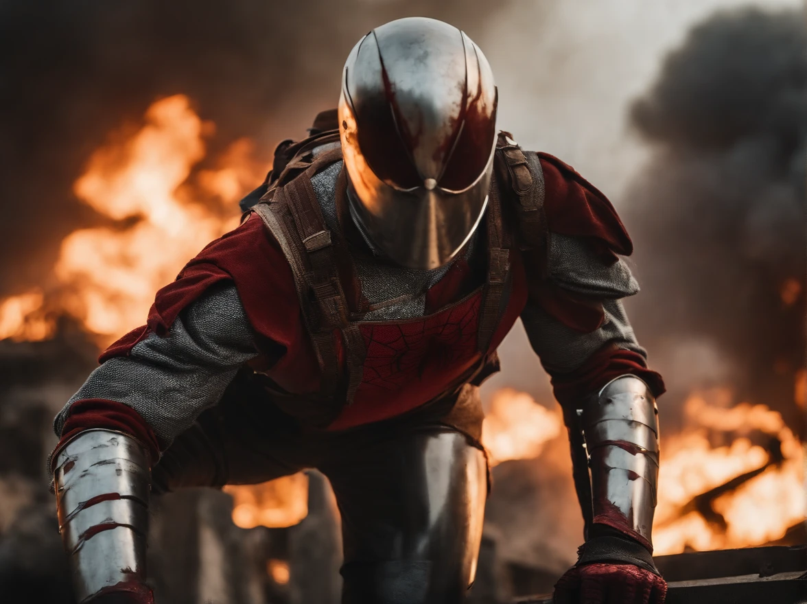 A Spiderman wearing bleeding medieval soldier looks into the distance to see a burning medieval city being attacked by fighter jets, no colour custome, no colour armor, long sword and shield on hands, spiderman wearing full medieval armor, full steel medieval armor, fullsteel colour, steel colour, bleeding medieval soldier, accurate medieval armor, realistic medieval armor, burning city, smoke clouds, distant fighter jets, over the shoulder view, cinematic, bloody armor, bloodied armor, blood on helmet,