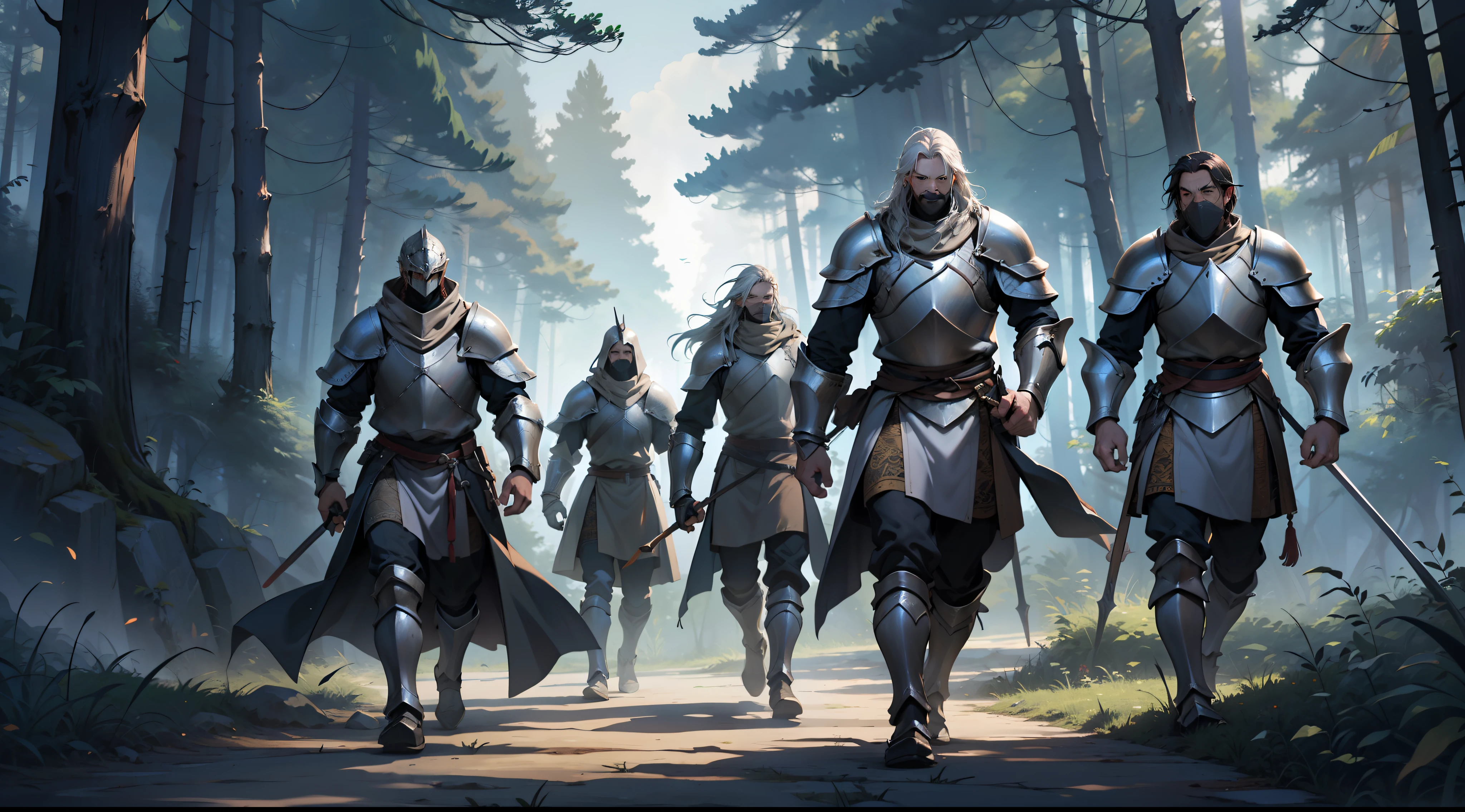 Ancients,Fifteen knights in heavy armor,Three longbowmen with cover shots,Rush to the robbers in the forest,The face armor covered the faces of the knights,The atmosphere is strong